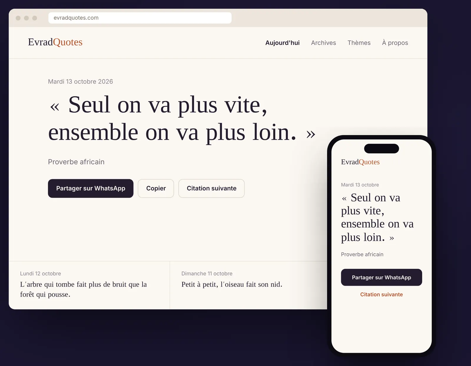 Le site EvradQuotes sur ordinateur et sur téléphone, avec le bouton Partager sur WhatsApp