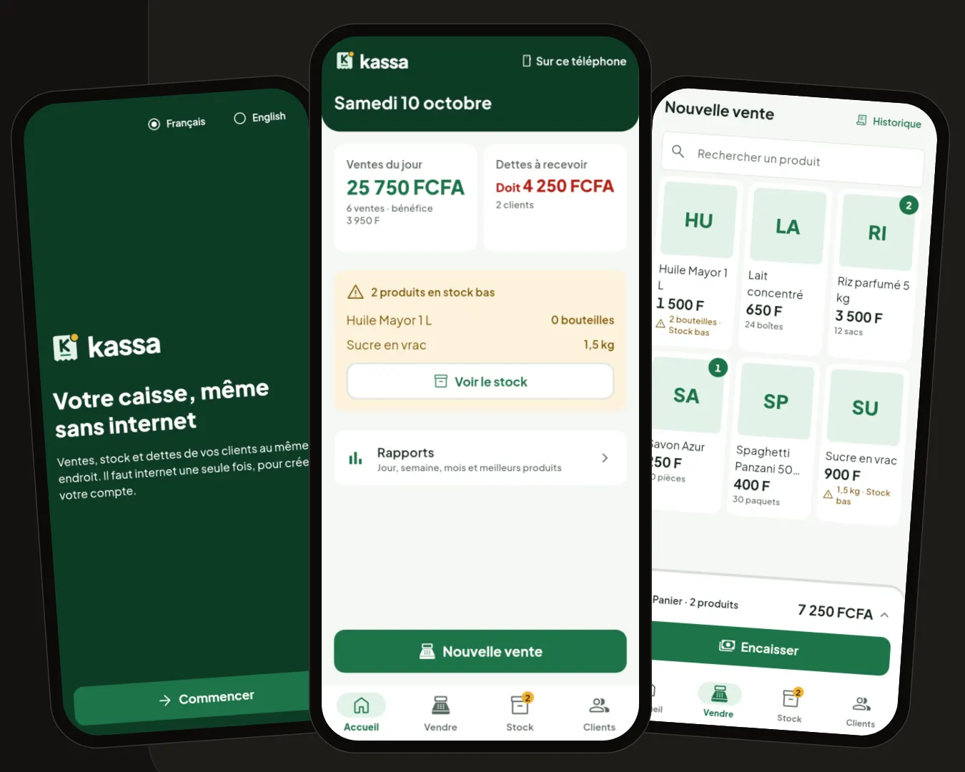 Trois écrans de Kassa : accueil, ventes du jour et nouvelle vente