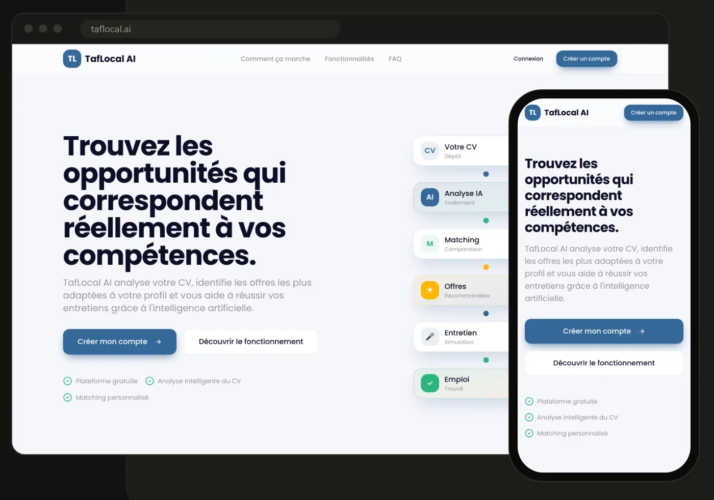 La page d'accueil de TafLocal IA sur ordinateur et sur téléphone