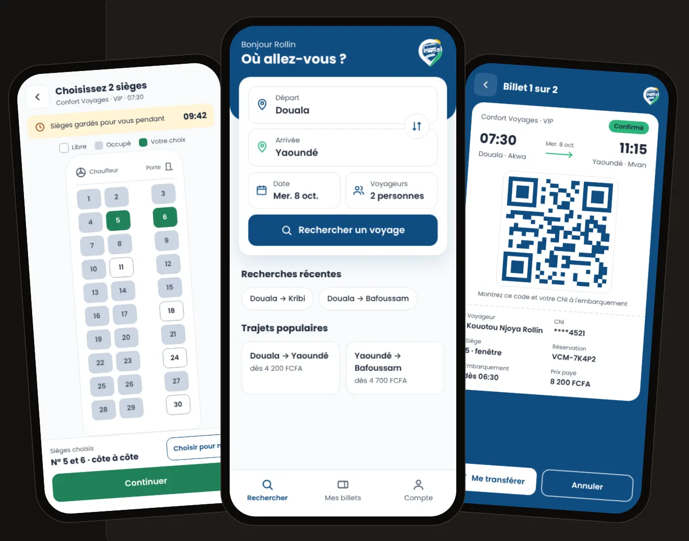 Trois écrans de VoyagesCM : choix du siège, recherche de trajet et billet avec QR code